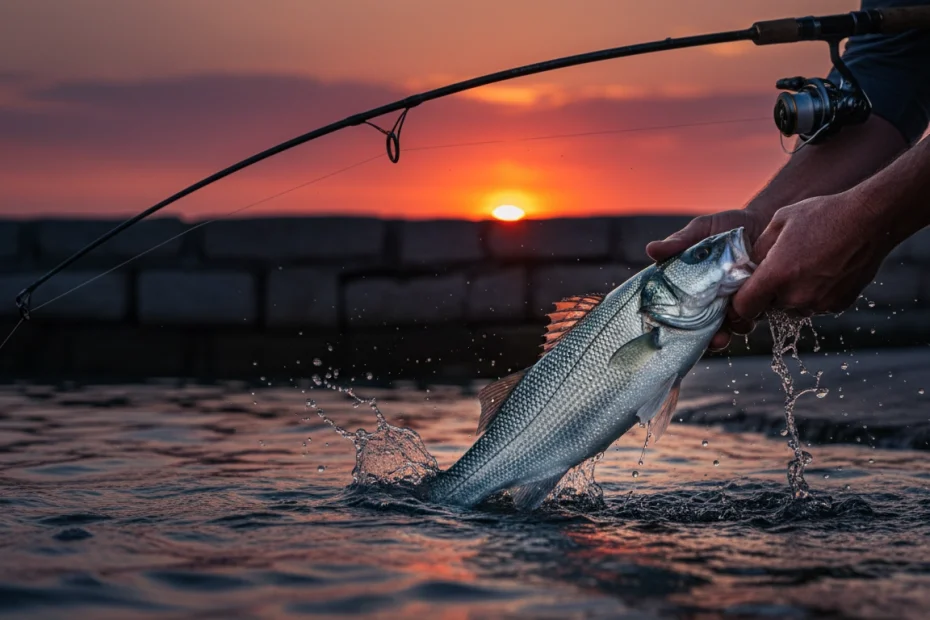 pescador devolviendo una lubina al agua